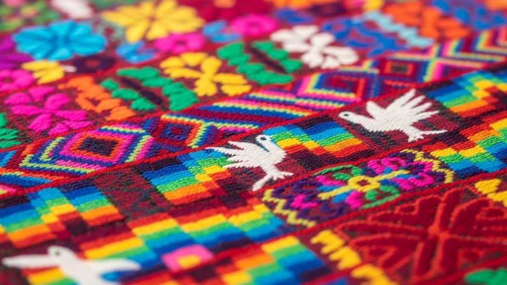 Close-up of vibrant Oaxacan embroidered fabric displaying intricate geometric patterns and traditional motifs