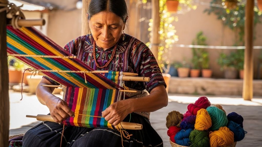 Traditional Mexican artisan weaving colorful textile on backstrap loom using natural dyed threads
