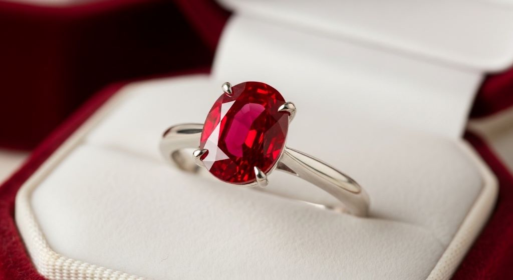 Close-up of ruby solitaire engagement ring featuring vibrant red gemstone in classic prong setting representing romantic commitment