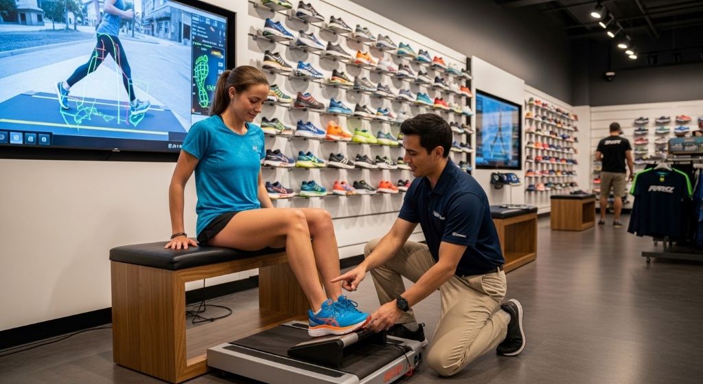 Runner trying on athletic shoes in a specialty store while staff member assists with proper fitting and gait analysis