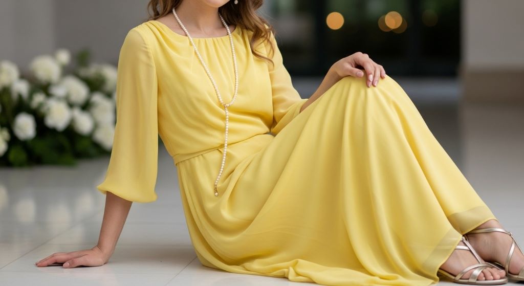 Yellow chiffon maxi dress styled with delicate pearl necklace and metallic sandals for elegant wedding guest outfit