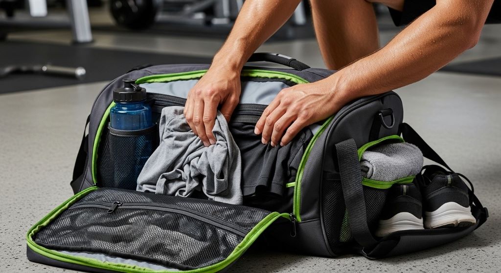 Athlete placing sweaty workout clothes in separate compartment of moisture-resistant gym bag after training session
