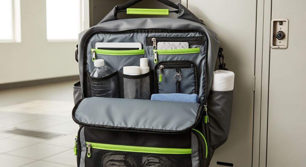 Waterproof gym bag with multiple compartments hanging in locker room showing protective features and organization