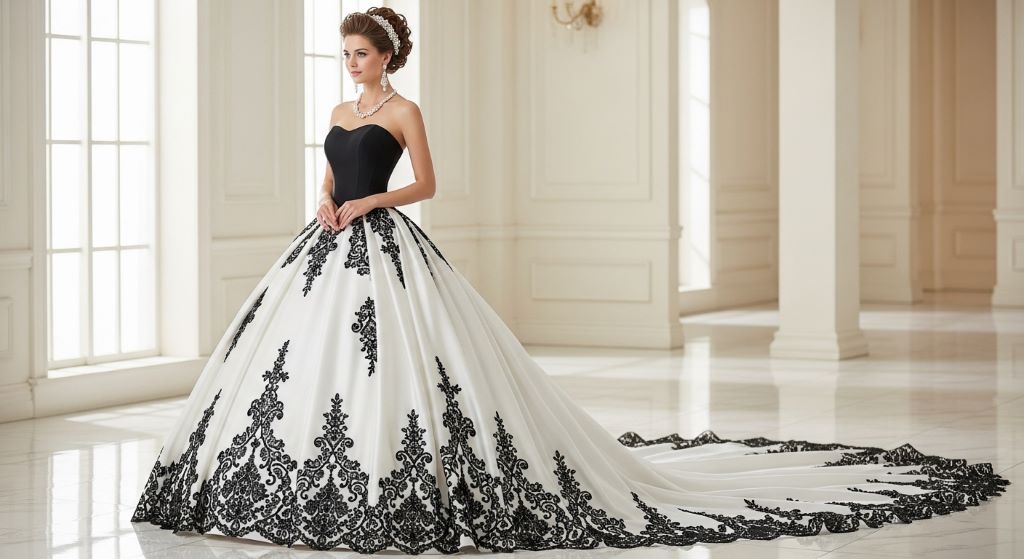 Elegant black and white ball gown wedding dress styled with pearl jewelry and a classic updo