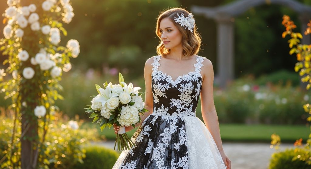 Bride wearing a black and white lace wedding dress holding a white floral bouquet