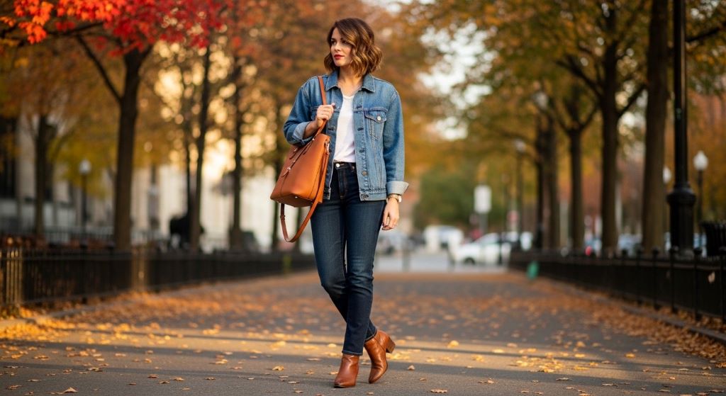 Denim-on-denim fall outfit with light wash jacket, dark indigo jeans, and a camel tote bag