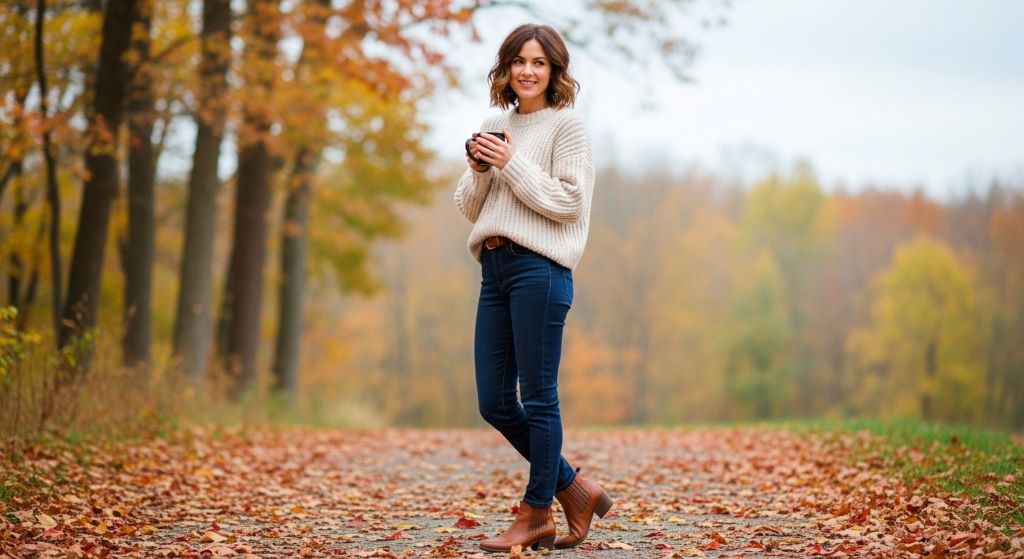 Woman wearing dark-wash jeans, chunky knit sweater, and brown ankle boots in an autumn setting