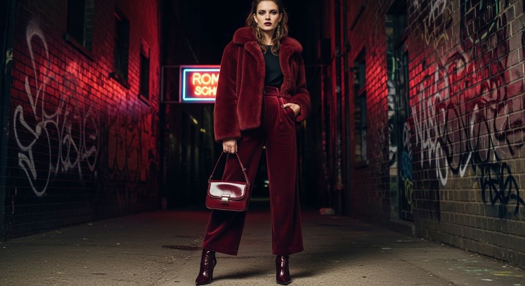 A 90s-inspired look combining velvet trousers, a faux-fur jacket, and patent leather accessories in a tonal color palette