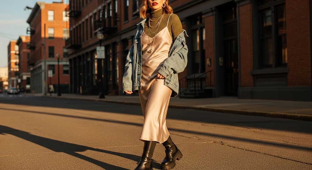 A retro revival outfit featuring a satin slip dress layered over a ribbed turtleneck with a denim jacket and chunky platform boots