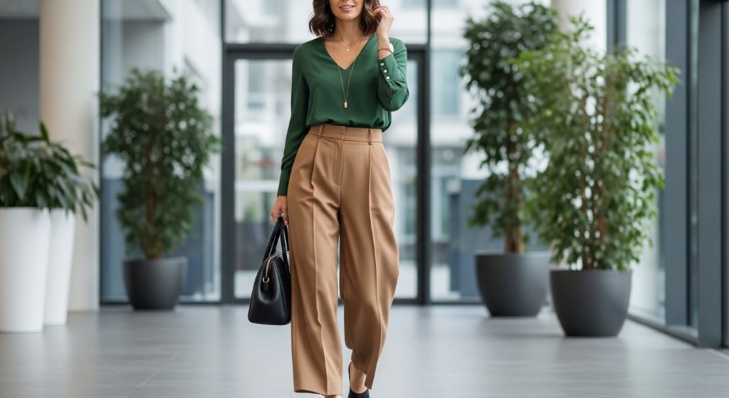 A woman styled in wide-leg camel trousers with a fitted blouse and block-heeled mules for a smart-casual office outfit