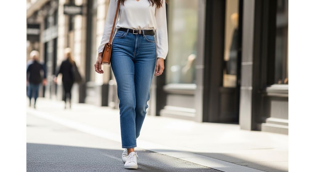A woman wearing well-fitted high-rise straight-leg jeans with a tucked-in white blouse and white sneakers for a casual daytime look