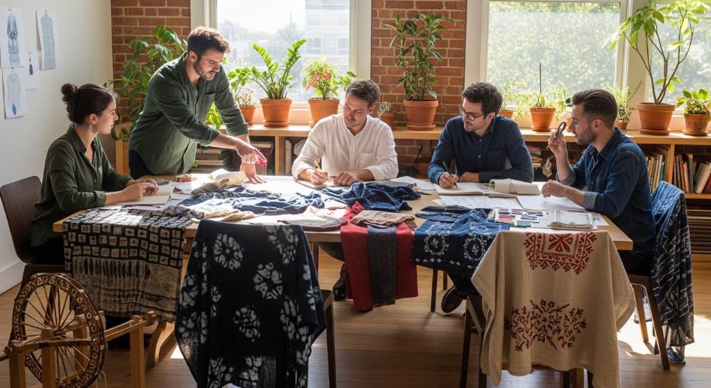 Austin fashion designer working with handmade heritage fabrics in studio