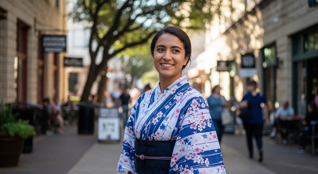 College student wearing a traditional Japanese yukata in Austin Texas