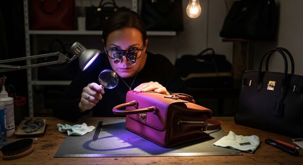 Expert checking luxury handbag stitching and hardware details