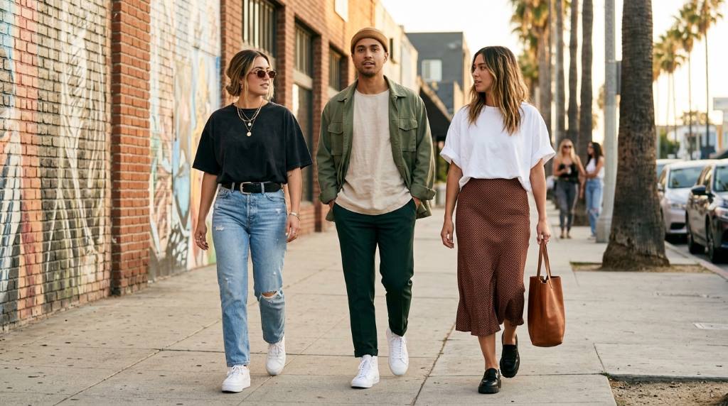 Fashion creator in Los Angeles styling an oversized tee with fitted jeans and sneakers on a sunny street