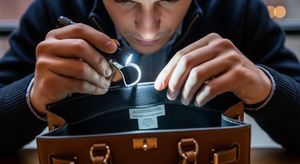 Luxury handbag reseller inspecting hidden manufacturing marks in New York
