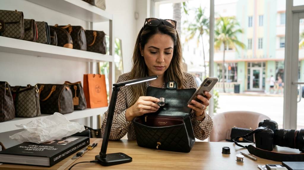 Miami fashion reseller checking designer purse manufacturing code