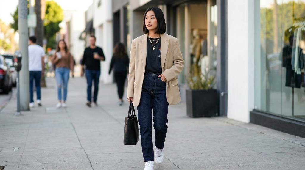 Streetwear influencer wearing a loose neutral tee with layered accessories in downtown Los Angeles