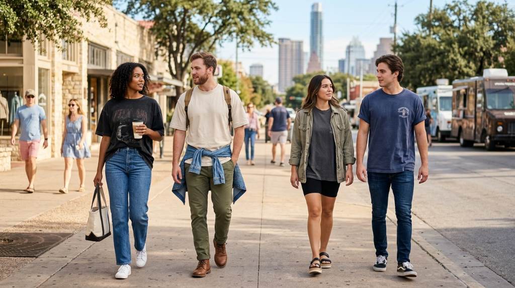 Woman styling oversized neutral t shirt with relaxed trousers in Austin street fashion scene
