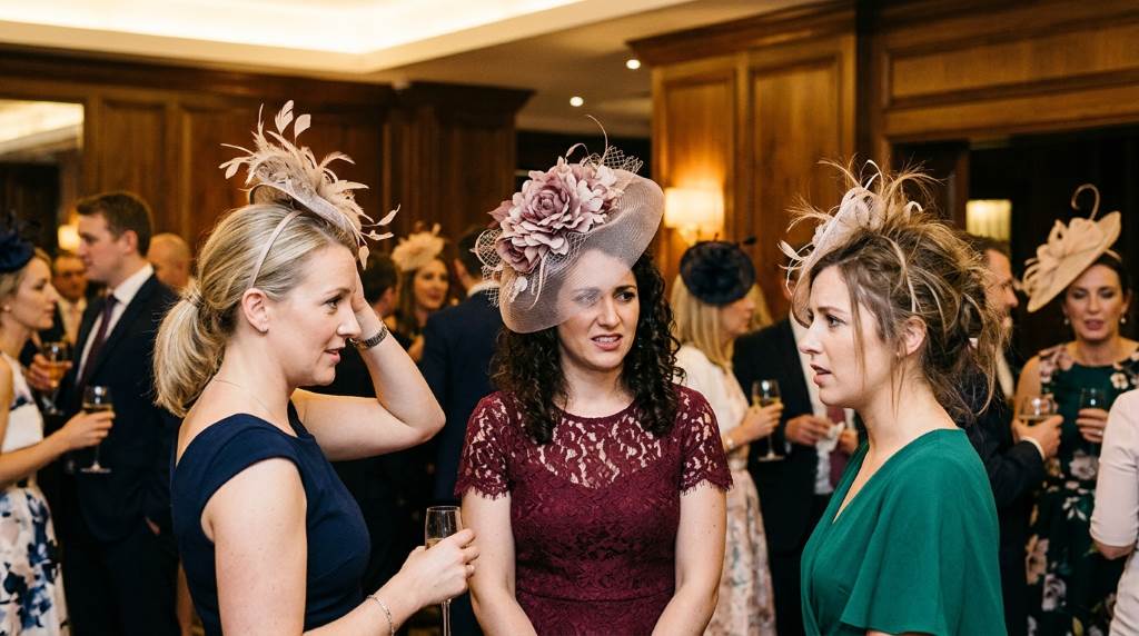 Woman wearing elegant fascinator at upscale Dallas rooftop party during sunset