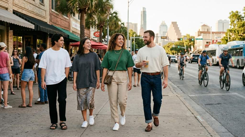 Young man wearing smart casual oversized tee outfit while walking through downtown Austin Texas