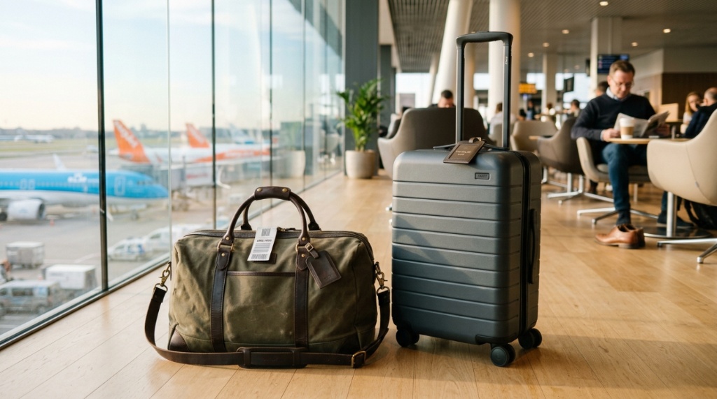 A packed canvas travel duffel bag sitting next to a rolling suitcase in a bright airport terminal.