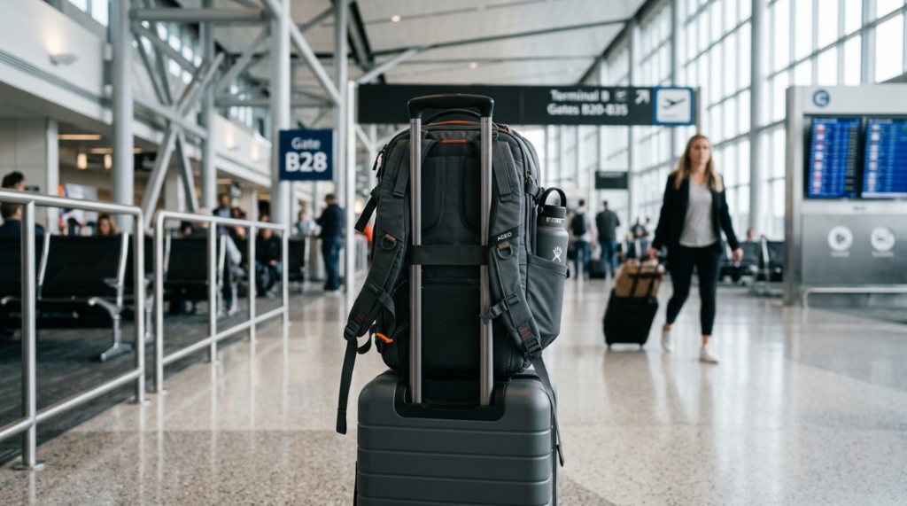 A gray travel backpack resting on a rolling suitcase inside an airport terminal.