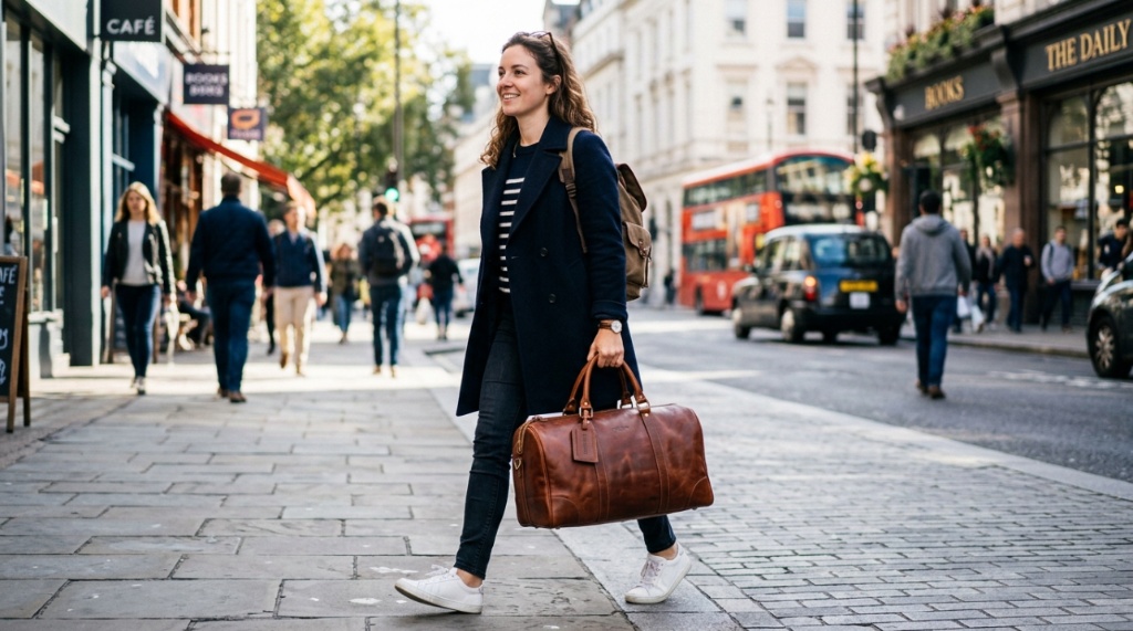A traveler carrying a weekend duffel bag down a sunny city sidewalk.