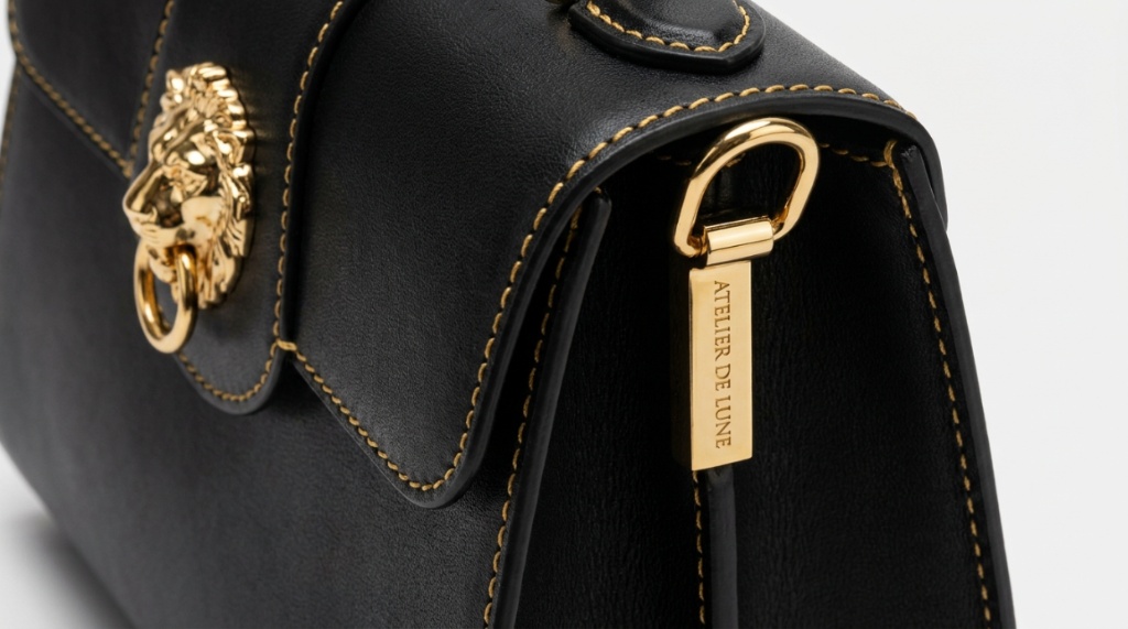 Close-up of gold hardware and precise stitching on a black structured handbag.