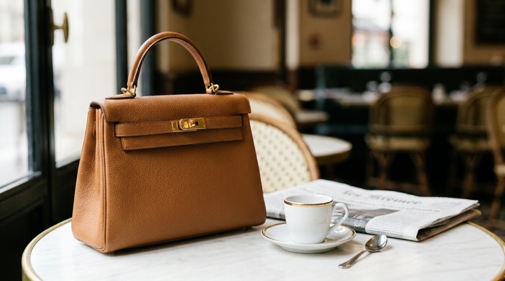 A luxury tan leather designer top handle bag sitting on a marble table.