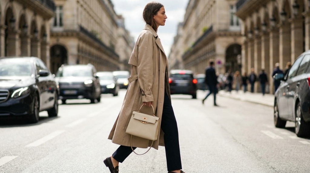 A woman carrying a cream structured designer handbag walking down a street.
