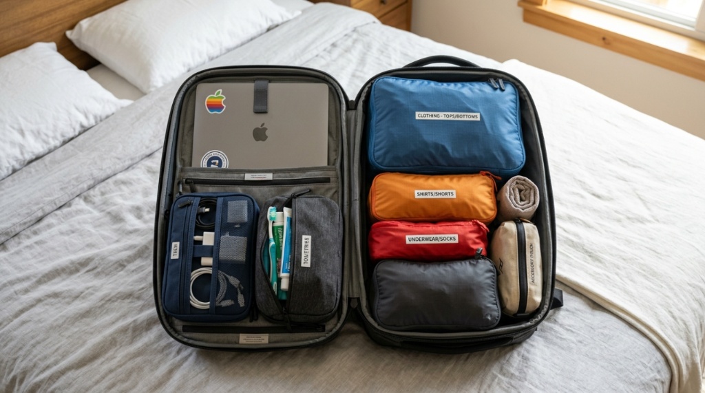 An open clamshell backpack packed neatly with travel cubes and electronics.