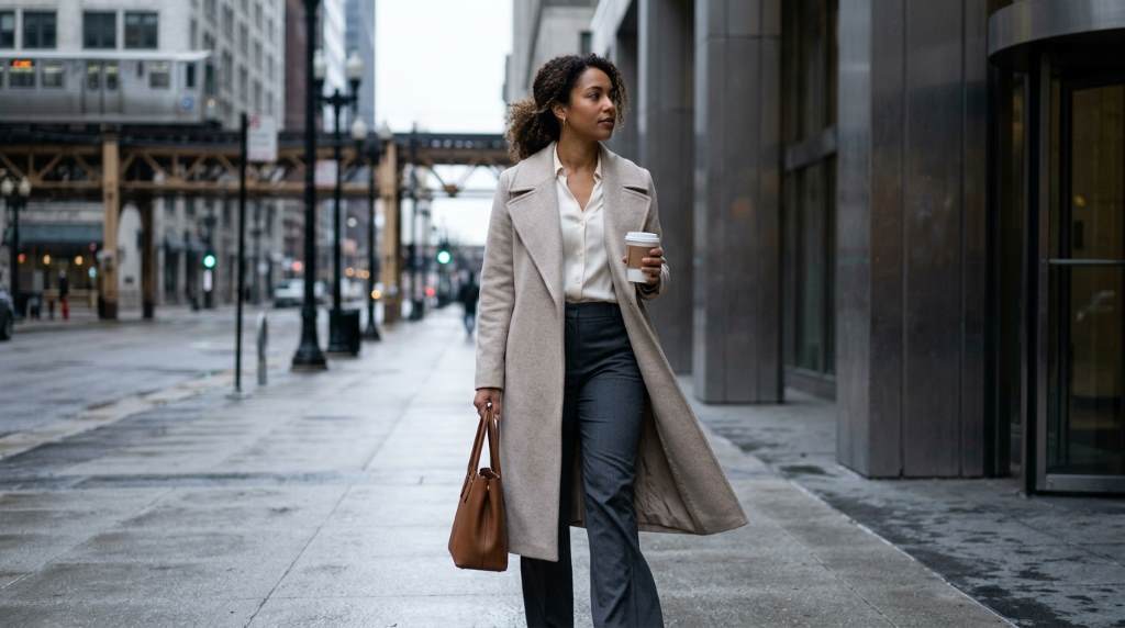 Elegant office outfit with neutral colors and accessories