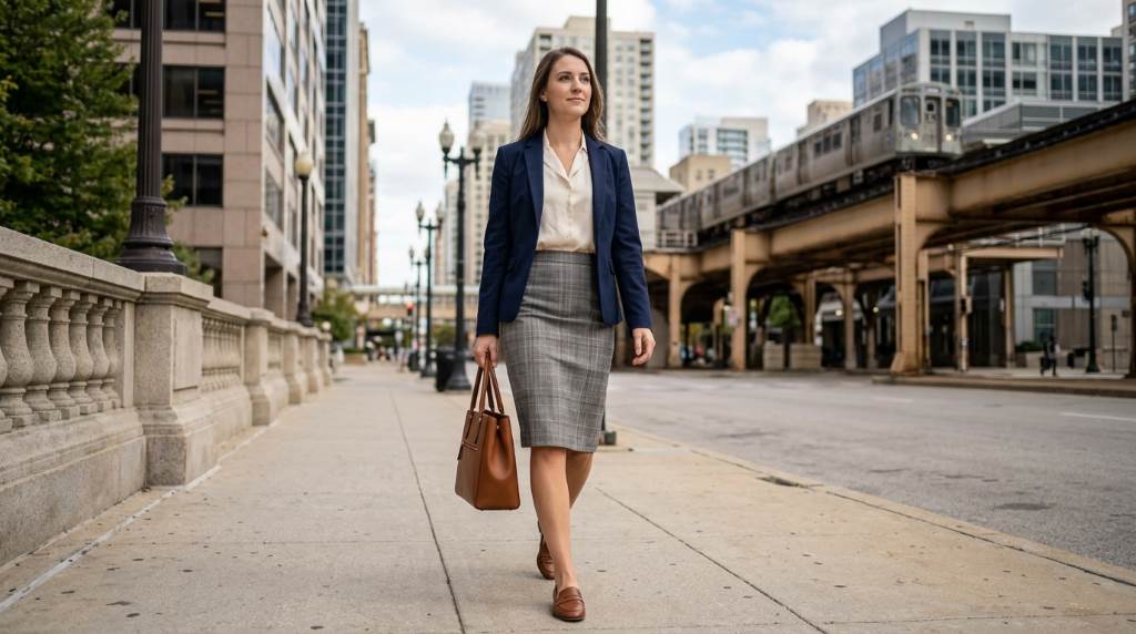 Professional feminine office outfit with blazer in Chicago