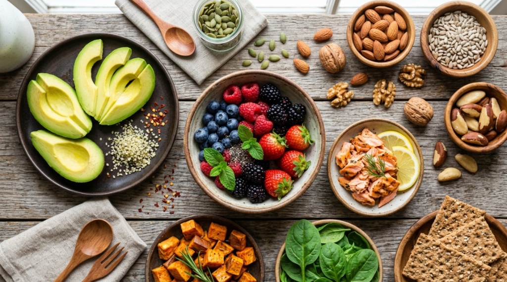 Fresh avocado, berries, and nuts arranged neatly on a wooden table.