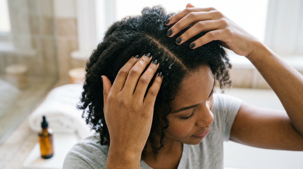 Close-up of a woman massaging organic essential oil into her scalp.