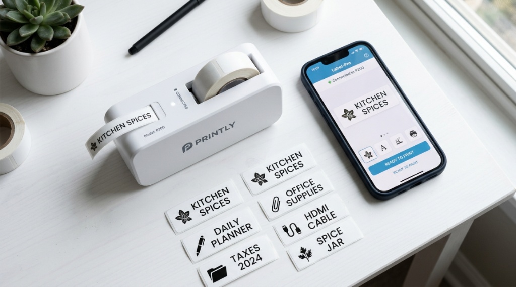 Business owner using a Bluetooth label maker to print shipping box barcodes.