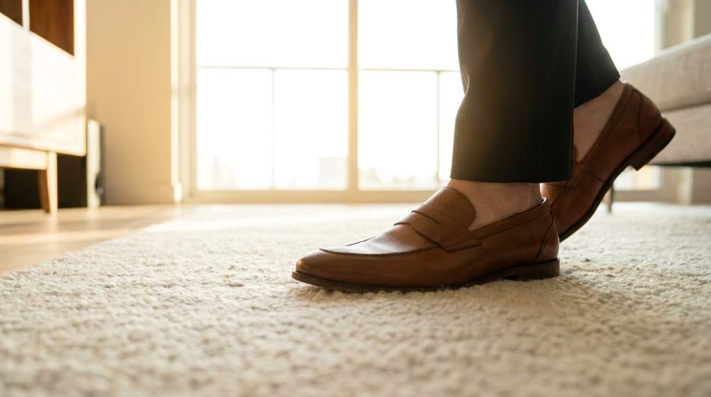 Luxury leather shoes being gently broken in at home