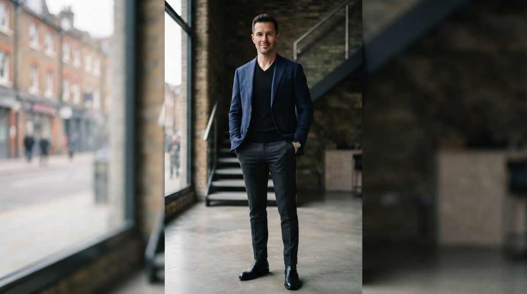 Man wearing a well-fitted outfit for a slimmer appearance