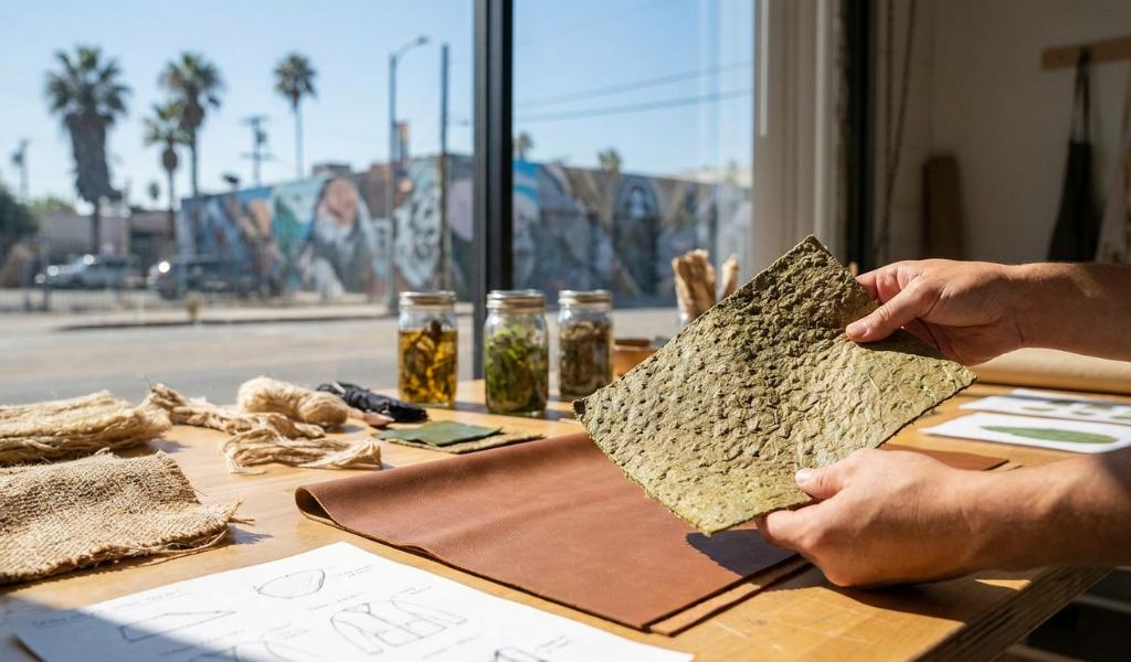 Rack of plant-based luxury jackets displayed in modern West Coast boutique.