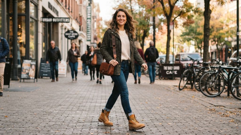 Woman wearing Timberland boots with a casual outfit