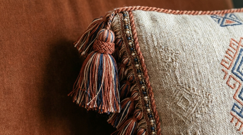 Close-up of decorative fringe and textured fabric on toss pillow.